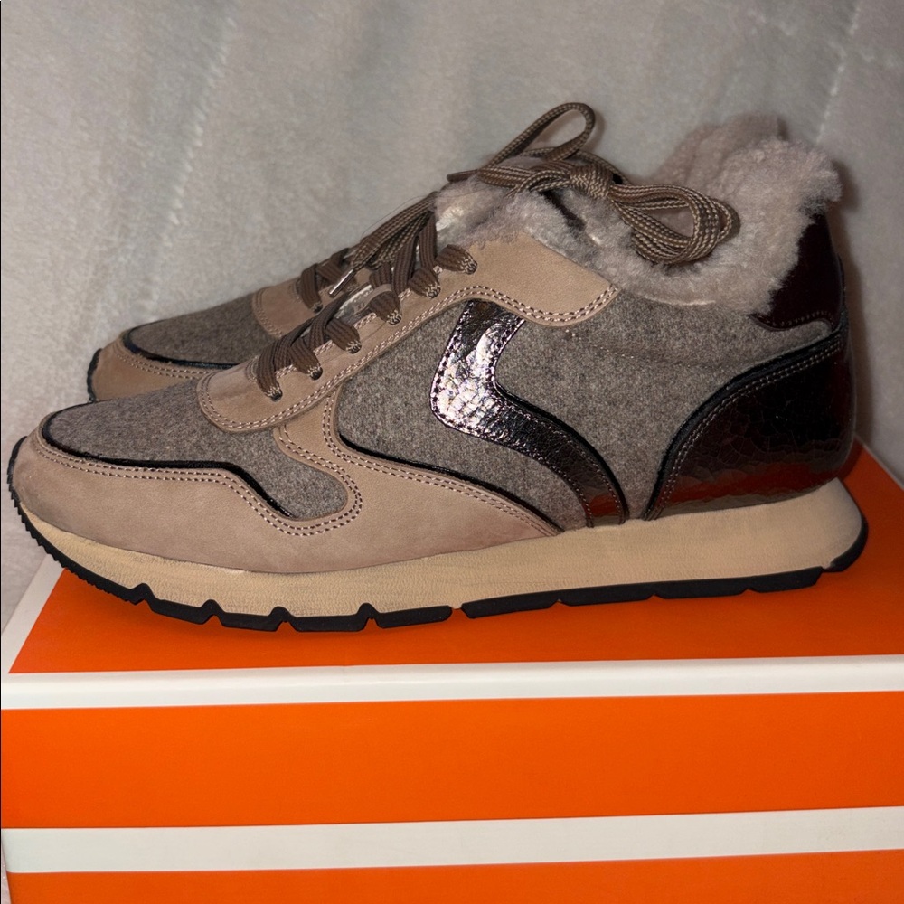 NWT VOILE BLANCHE JULIA Fur Leather And Fabric Sneakers in BEIGE - Picture 12 of 16